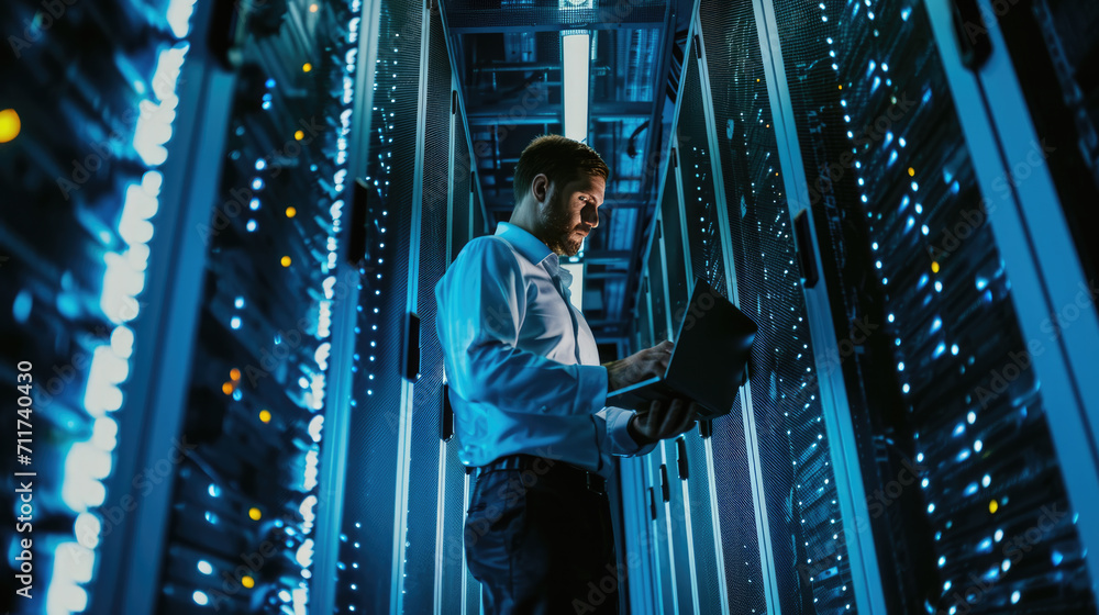 Aufkleber focused it professional using a laptop while standing in a server room with racks of network equipme