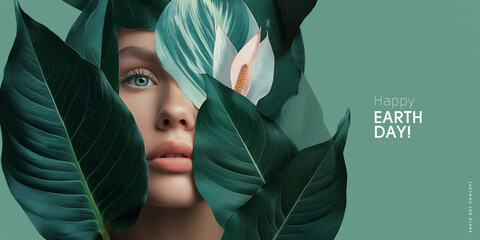 Earth Day. Artistic beauty image with green leaves, white flower, and Happy earth day! text on a teal backdrop.