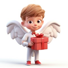 Valentine's Day. 3D character Cupid with a gift box. Postcard. Love