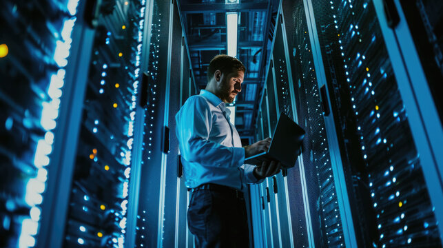 Focused IT professional using a laptop while standing in a server room with racks of network equipment illuminated by blue lights
