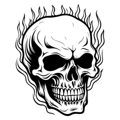 Skull in flames icon illustration, Skull in flames black silhouette logo svg vector