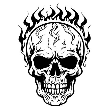 Skull in flames icon illustration, Skull in flames black silhouette logo svg vector