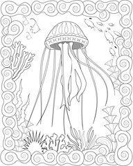 Coloring book page with underwater scene. Vector illustration.