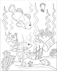 Coloring book page with underwater scene. Vector illustration.