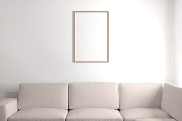 Portrait blank photo frame in living room mockup