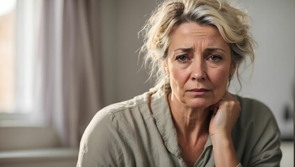 middle aged white british woman looking upset with despair. generative AI