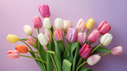 Obraz premium Bouquet of tulips arranged against a soft pink background
