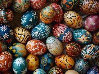 Fototapeta na wymiar Easter eggs painted in different colors and patterns on a wodden background