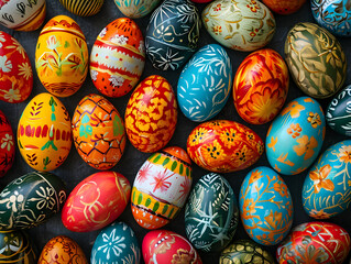 Fototapeta na wymiar Easter eggs painted in different colors and patterns on a wodden background