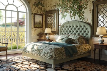 Classic French country Contemporary bedroom with a provincial bed, vineyard scenes, intricate lattice wall patterns, and a blank mockup frame - obrazy, fototapety, plakaty