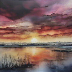 Fototapeta premium Sunset at the mouth of the river. Alcohol ink technique