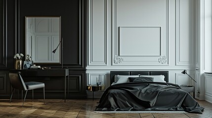 : A minimalist Contemporary bedroom in a historic townhouse, with a monochrome black bed, a classic black writing desk, and a blank mockup frame on a wall with elegant wainscoting