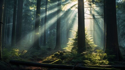 A magical forest scene with sunbeams piercing through the trees, offering space for text overlay within the enchanting woodland setting - Generative AI