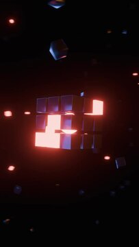 beautiful Rubic's cube with light filled neon blocks revolving around them with star like objects with changing color animation rotating around it like a solar system in dark 3d background render
