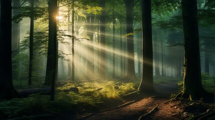 A magical forest scene with sunbeams piercing through the trees, offering space for text overlay within the enchanting woodland setting - Generative AI