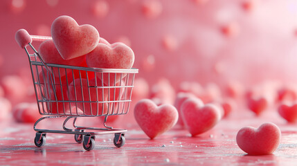 Valentine's day background with pink hearts in shopping cart. Holiday concept