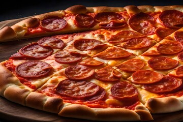 a high-resolution and realistic image of a freshly baked pepperoni pizza with melted cheese and a golden-brown crust
