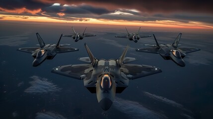 Naklejka premium Multiple stealth aircraft flying in formation at dusk made Ai generative technology