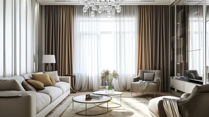 full curtains in an apartment light-colored room with subtle pops of color depth of field background. Earth-natural colors subtle pops of color high-contrasting feminine natural materials home design