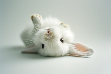 White rabbit laying on his back on white background.Minimal concept.