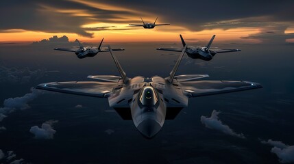 Multiple stealth aircraft flying in formation at dusk made Ai generative technology - obrazy, fototapety, plakaty