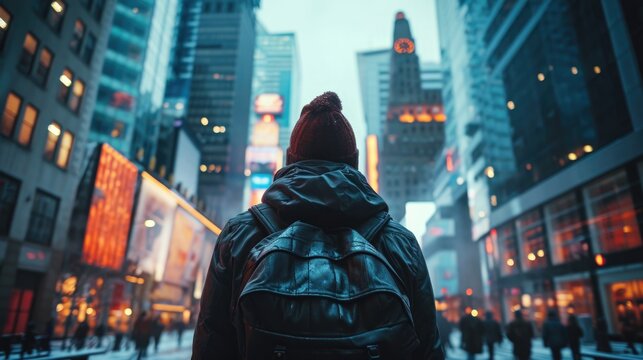 Confidence and Ambition Concept, Wide Shot of a Person Standing Tall in a Cityscape, Determined Expression, Ready to Conquer Challenges, Urban Energy Surrounding Them.