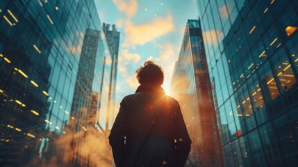 Confidence and Ambition Concept, Wide Shot of a Person Standing Tall in a Cityscape, Determined Expression, Ready to Conquer Challenges, Urban Energy Surrounding Them. - obrazy, fototapety, plakaty
