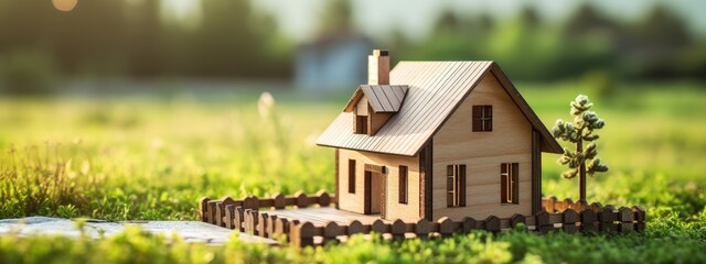 Wooden model of house on grass, next to the road , new home concept, Real estate