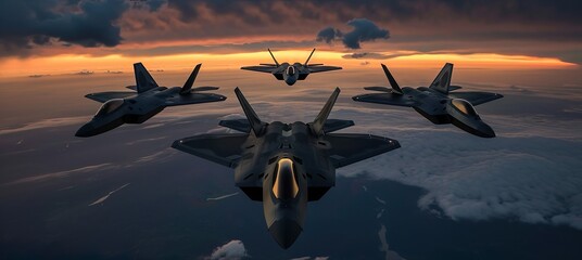Multiple stealth aircraft flying in formation at dusk made Ai generative technology - obrazy, fototapety, plakaty