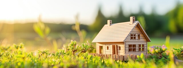Wooden model of house on grass, next to the road , new home concept, Real estate
