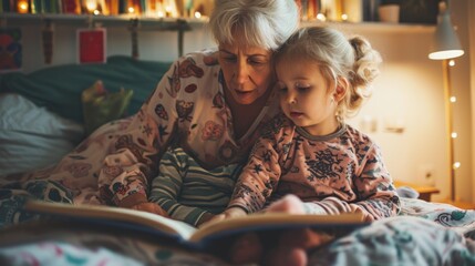 In cozy pajamas, a grandmother and grandchild bond over a fairystory book on the bed before sleep. - obrazy, fototapety, plakaty