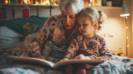 Foto op Canvas In cozy pajamas, a grandmother and grandchild bond over a fairystory book on the bed before sleep. © iuricazac