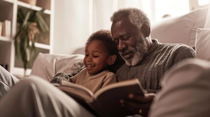 An afro grandfather and grandchild enjoy a bedtime story together on the couch before sleep.