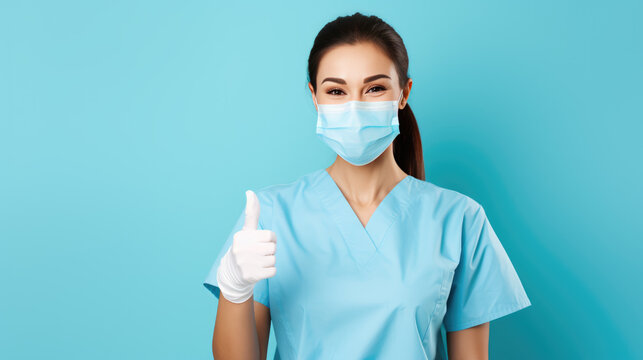 Female Healthcare Professional In Teal Scrubs Wearing A Surgical Mask And Latex Gloves, Making A Thumbs-up Gesture