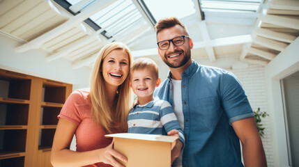 Smiling family consisting of a mother, father, and young child, surrounded by cardboard boxes, suggesting they are either moving in or out of a home.