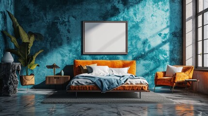 Hip urban bedroom with a graffiti art bed, street style decor, and a blank mockup frame on a...