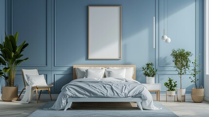 Modern Scandinavian bedroom with a clean lines bed, Nordic design, and a blank mockup frame on a cool ice blue wall
