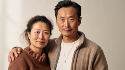 Fototapeta premium A moment of togetherness unfolds as a middle-aged Asian couple embraces within the walls of their home.