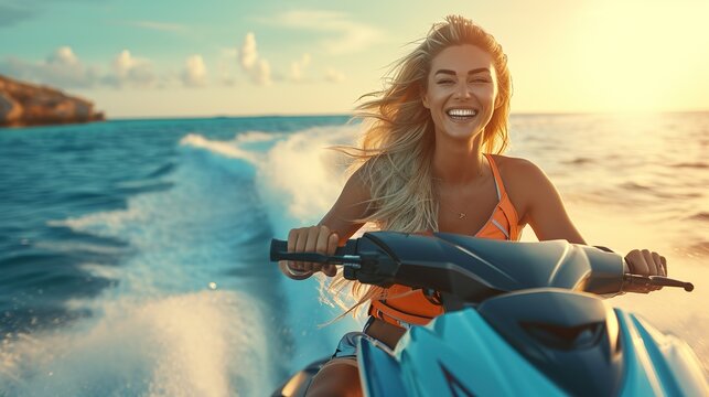 A beautiful woman riding a jet ski made with Ai generative technology, person is fictional