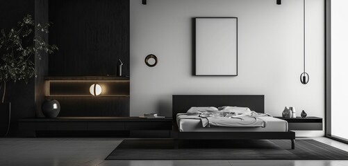 : A minimalist bedroom featuring a monochrome black bed, a sleek black wall shelf, and a blank mockup frame on a clean, neutral wall