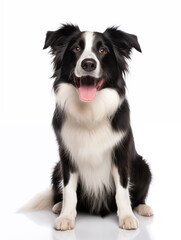 Happy border collie dog sitting looking at camera, isolated on all white background