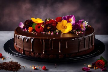 a lifelike image of a gourmet chocolate cake with rich ganache, adorned with edible flowers on top