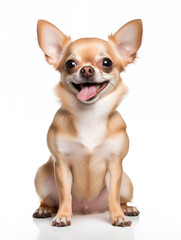 Happy chihuahua dog sitting looking at camera, isolated on all white background