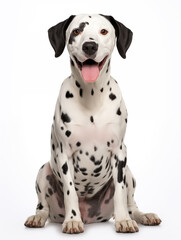 Happy dalmatian dog sitting looking at camera, isolated on all white background