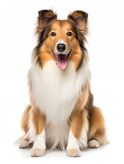 Happy collie dog sitting looking at camera, isolated on all white background