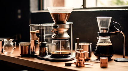 Experience the essence of a cafe with a glimpse of a drip coffee maker, promising the aromatic anticipation of freshly brewed coffee in every cup.