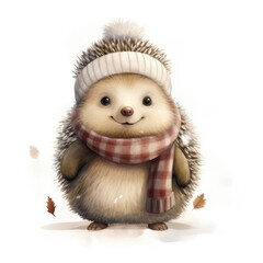 Fototapeta premium Illustration of a cute smiling hedgehog wearing a warm hat and scarf on a white background