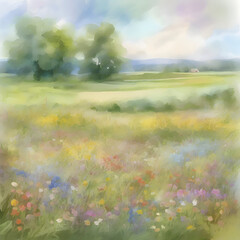Fototapeta na wymiar Watercolor painting of an impasto of a wildflower field. 