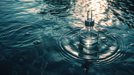 Dropper bottle immersed in water with ripples around it, reflecting light.