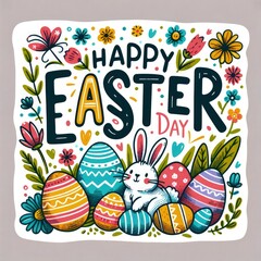 colorful designs for "Happy Easter Day" with a hand-drawn aesthetic. Each features traditional Easter elements like eggs, bunnies, and spring flowers in a charming greeting card clipart